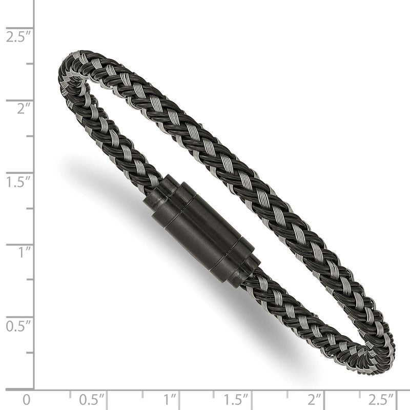 Stainless Steel Polished Black IP-plated Braided Wire and Rubber 8.25 inch Bracelet