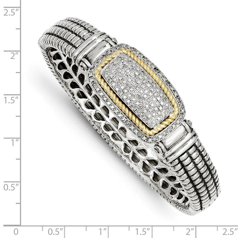 Sterling Silver with 14K Accent Antiqued 1/4 carat Diamond Hinged Bangle Bracelet
