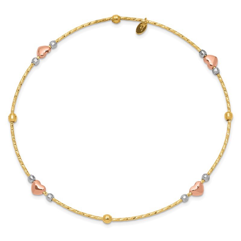 14k Tri-color Diamond-cut Hearts and Beads Slip-on Round Bangle Bracelet