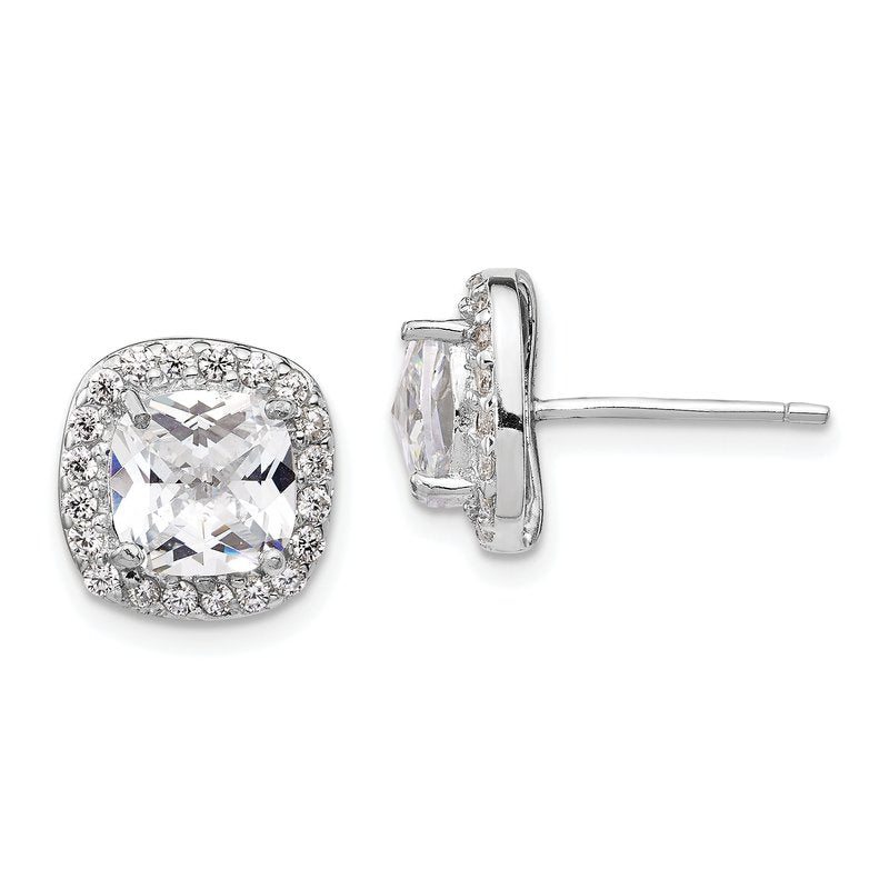 Sterling Silver Rhodium-plated Rose-cut and Brilliant-cut CZ Square Halo Post Earrings