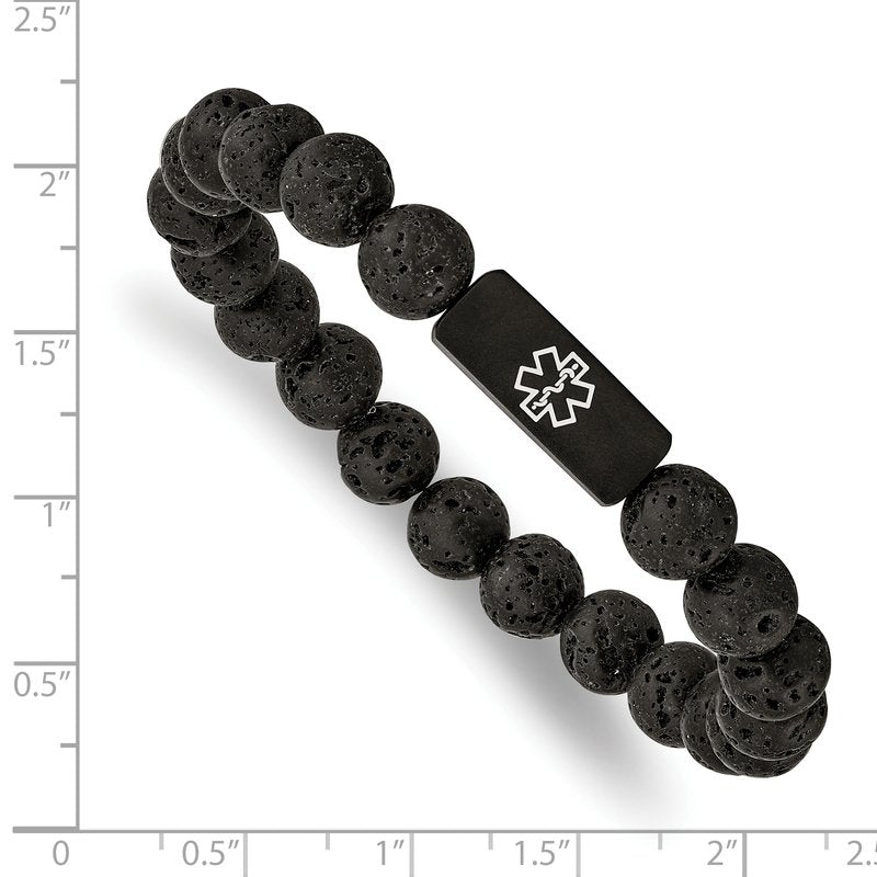 Stainless Steel Brushed Black IP-plated with White Enamel Medical ID 8.5mm Lava Stone Beaded Stretch Bracelet