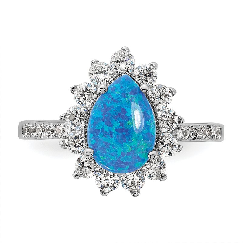 Sterling Silver Rhodium-plated Cabochon Lab Created Blue Opal and Brilliant-cut CZ Teardrop Shaped Ring