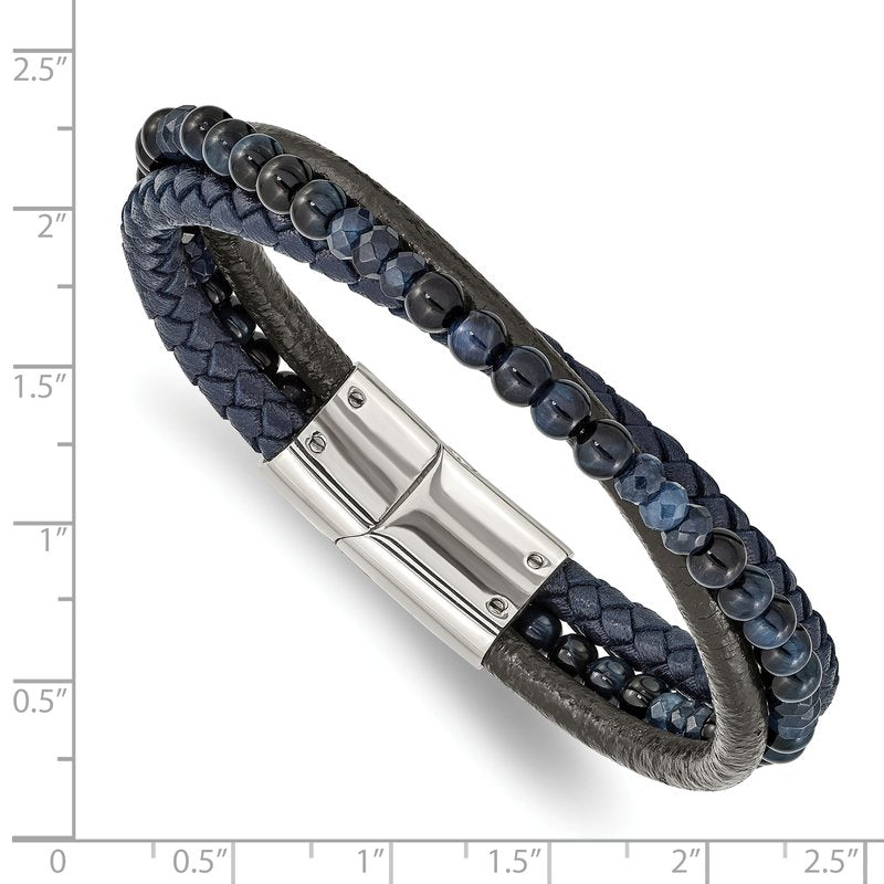 Stainless Steel Polished Multi Strand Blue Chalcedony and Tiger's Eye Beaded Black and Blue Leather 8.25 inch Bracelet