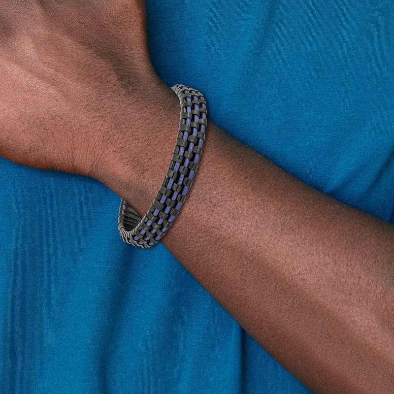 Stainless Steel Polished Black IP-plated and  Black and Blue Leather 8.25 inch Bracelet
