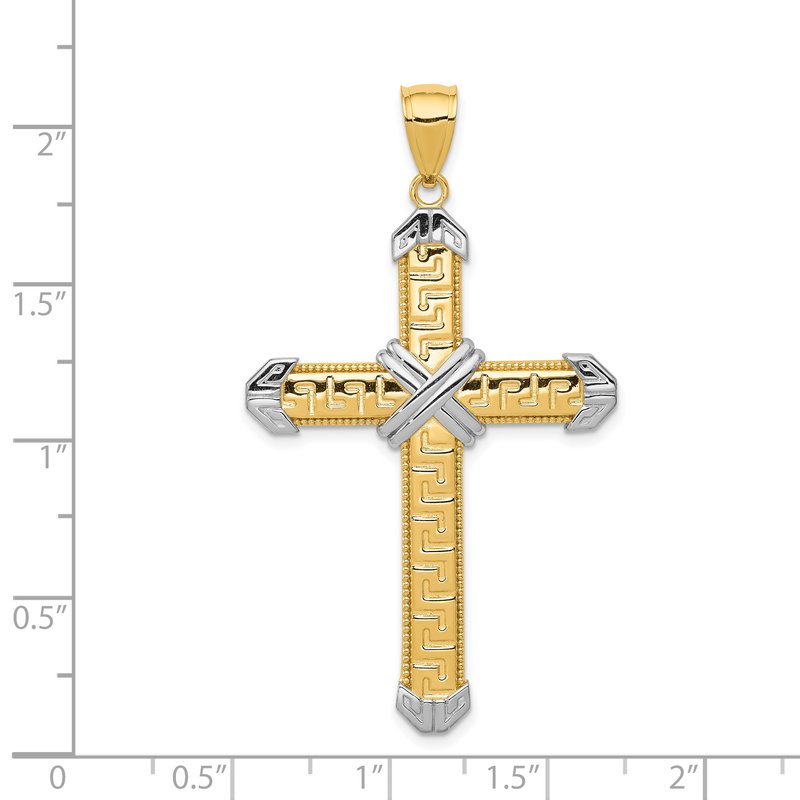 14K and White Rhodium Greek Key -X- Center Cross Pendant