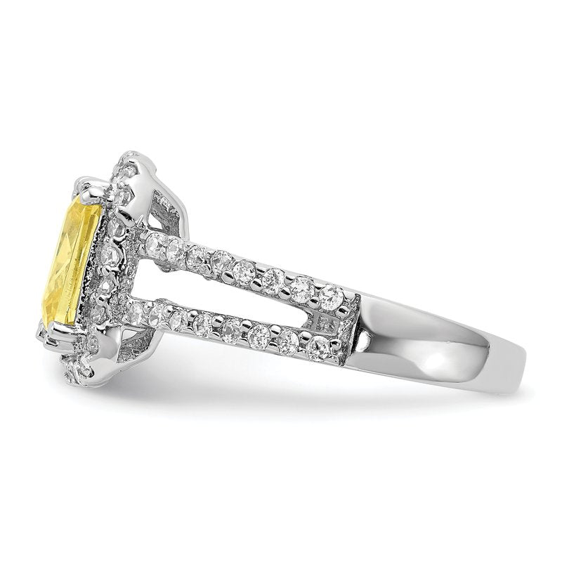 Sterling Silver Rhodium-plated Fancy Yellow Elongated Cushion-cut and White Brilliant-cut CZ Halo Ring