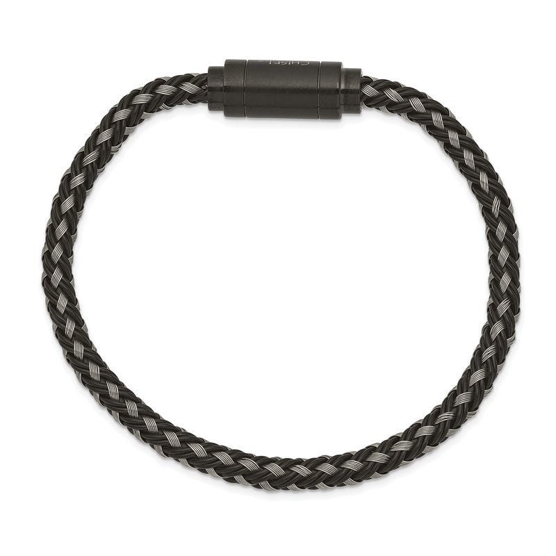 Stainless Steel Polished Black IP-plated Braided Wire and Rubber 8.25 inch Bracelet
