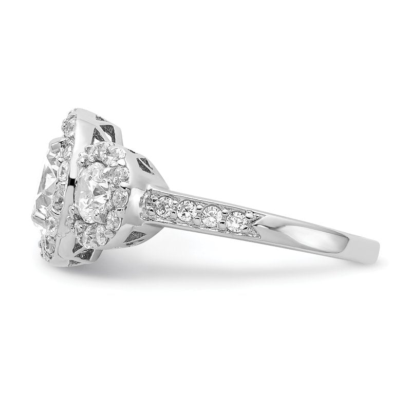 Sterling Silver Rhodium-plated Brilliant-cut CZ Three Stone Halo Ring