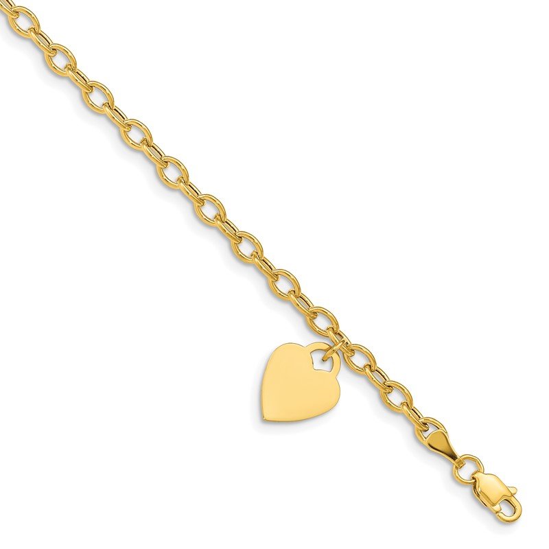 14K Engravable 14x10mm Solid Dangle Heart Charm and Hollow Chain 7.5 inch Bracelet