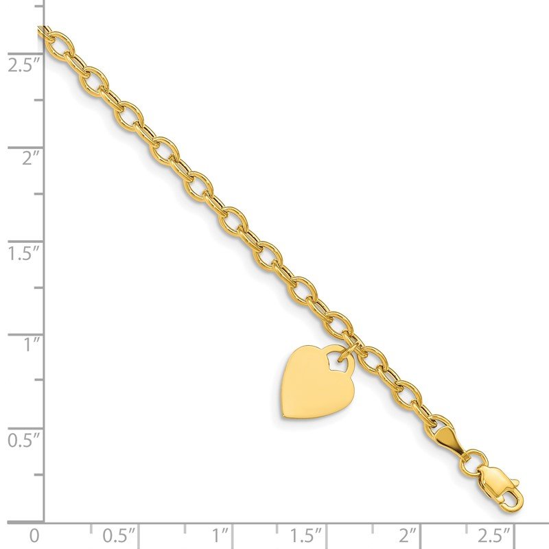 14K Engravable 14x10mm Solid Dangle Heart Charm and Hollow Chain 7.5 inch Bracelet