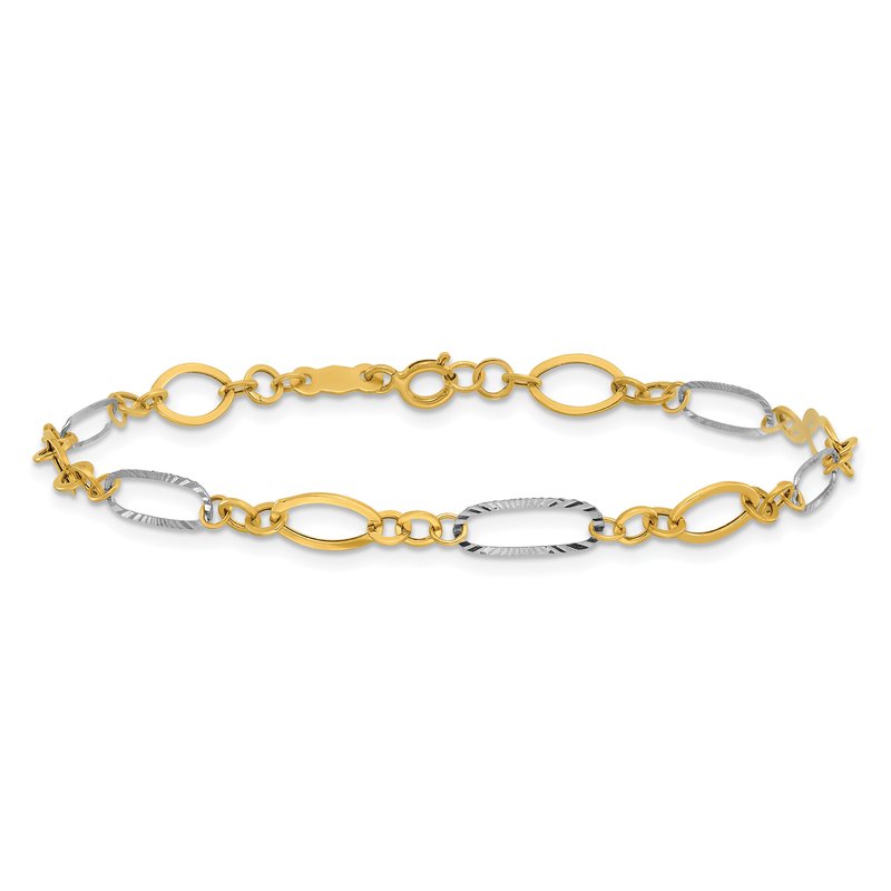14k Two-tone Polished and Textured Oval Link 7.25 inch Bracelet