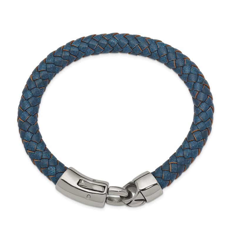 Stainless Steel Antiqued and Polished Blue Braided Leather 8.25 inch Bracelet