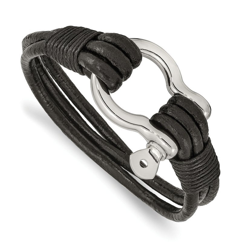 Stainless Steel Polished Shackle Multi Strand Black Leather 8.5 inch Bracelet