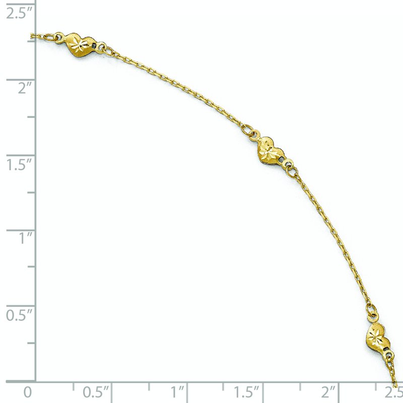 14K Diamond-cut Heart 5-Station 9 inch Plus 1 inch Extender - Total 10 inch Anklet