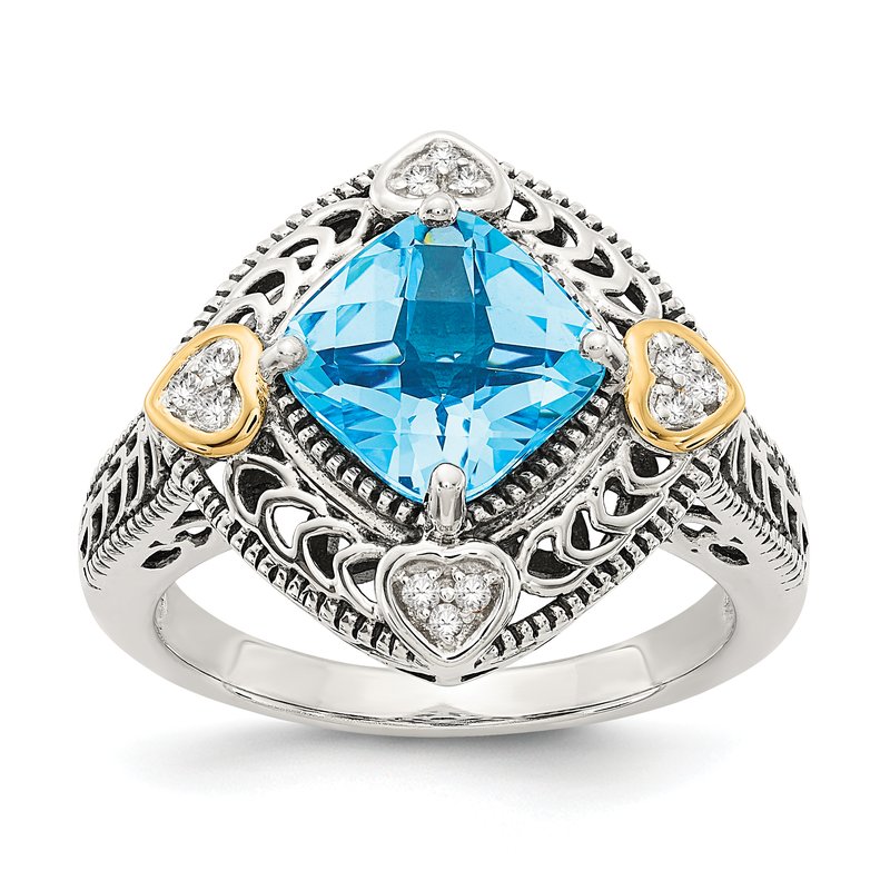 Sterling Silver with 14K Accent Antiqued Diamond and Cushion Blue Topaz Ring