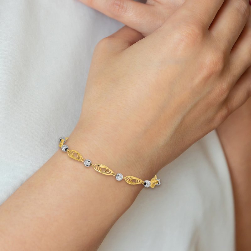 14K Two-tone Oval Links with Diamond-cut Beads 7.25 inch Bracelet