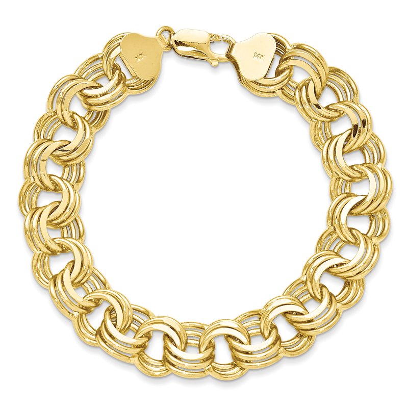 14k 14mm Solid Triple Link 7.5 inch Charm Bracelet