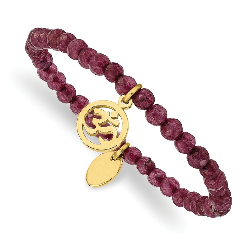 Stainless Steel Polished Yellow IP-plated OHM 4mm Purple Jade Beaded Stretch Bracelet