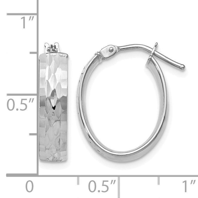 10K with White Rhodium Plating Polished and Diamond-cut Oval Hinged Hoop Earrings