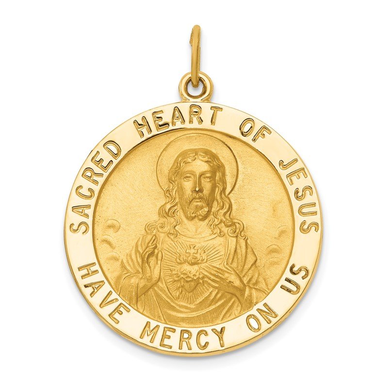 14k Polished and Satin Large Solid Sacred Heart of Jesus Medal Round Pendant