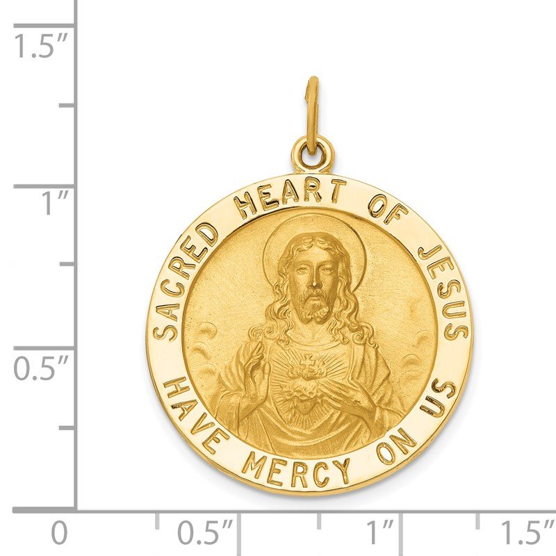 14k Polished and Satin Large Solid Sacred Heart of Jesus Medal Round Pendant