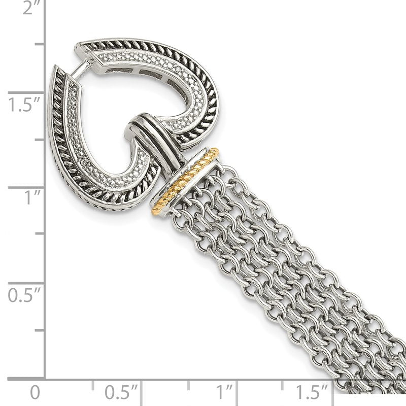 Sterling Silver with 14K Accent 7.75 Inch Antiqued Diamond Heart Bracelet