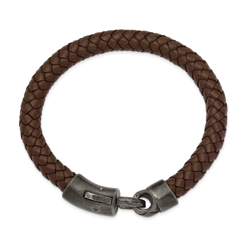 Stainless Steel Antiqued White Bronze-plated Brown Braided Leather 8.25 inch Bracelet