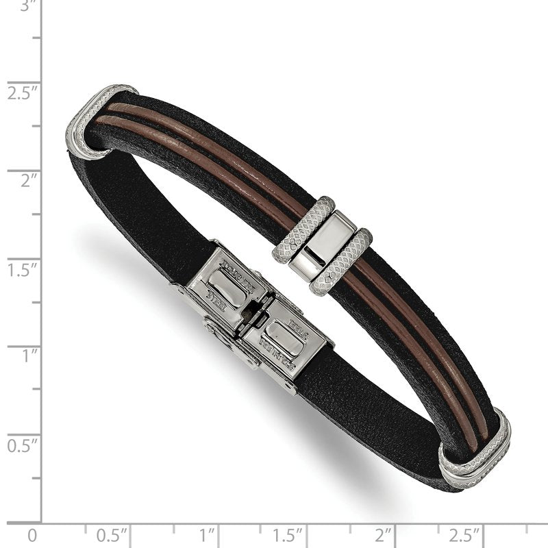 Stainless Steel Polished Black and Brown Leather 8.25 inch Bracelet