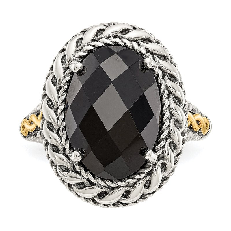 Sterling Silver with 14K Accent Antiqued Checkerboard-cut Black Onyx Ring