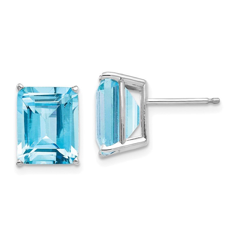 14k White Gold 10x8mm Emerald-Cut Blue Topaz Post Earrings