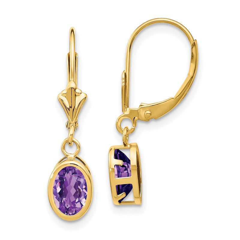 14k 7x5mm Oval Amethyst Bezel Leverback Dangle Earrings