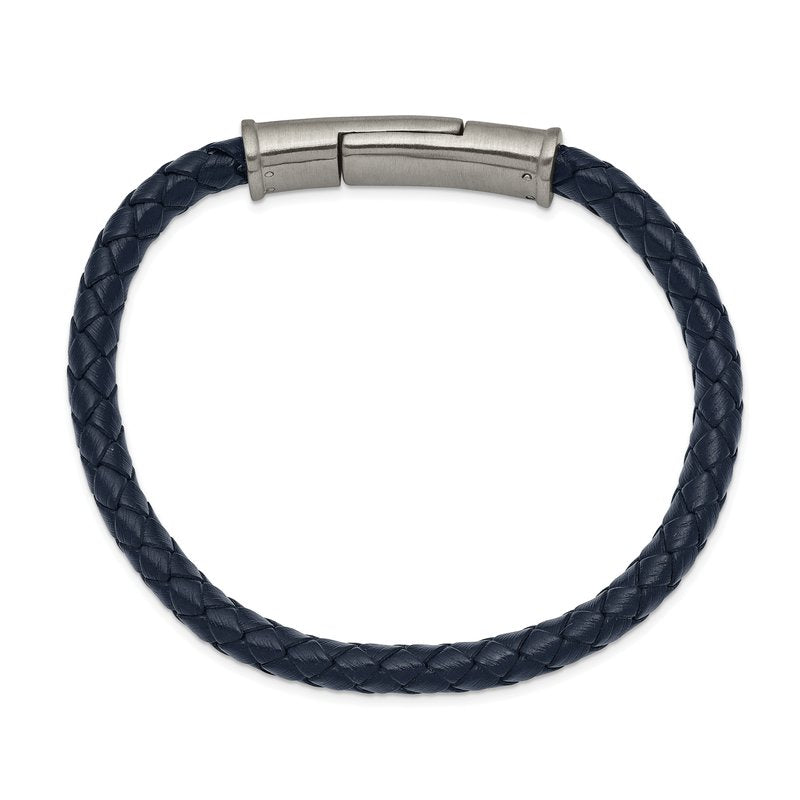 Stainless Steel Brushed Navy Blue Braided Leather 8.25 inch Bracelet