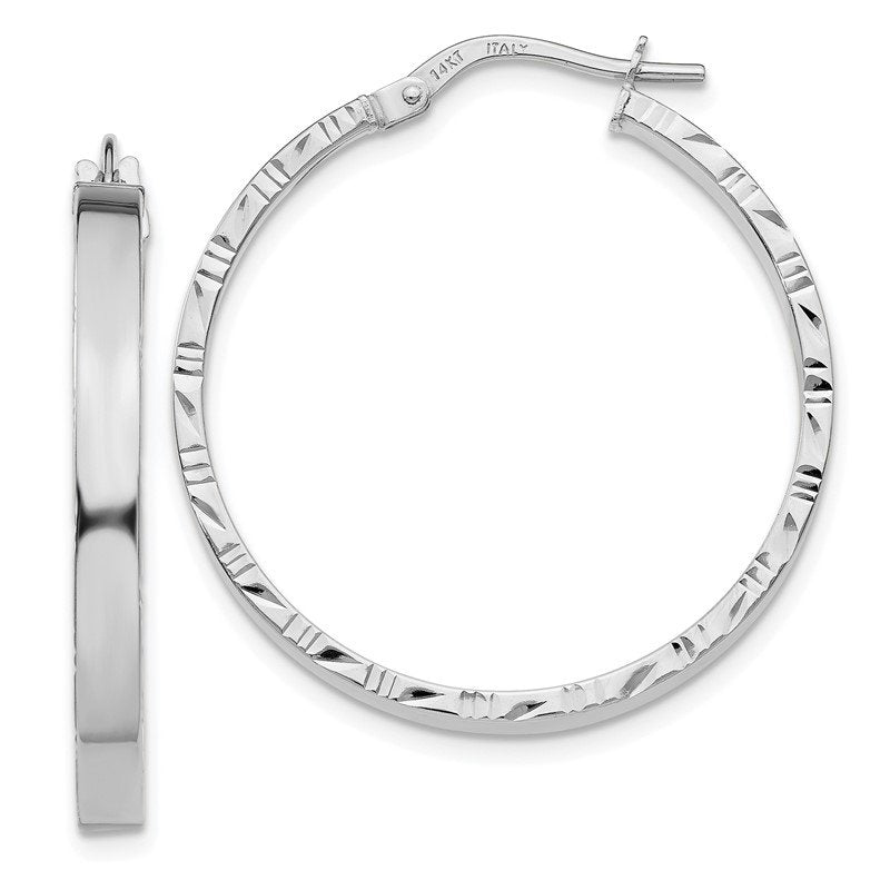 14K White Gold Diamond Cut Edge Large 3mm Polished Hoop Earrings
