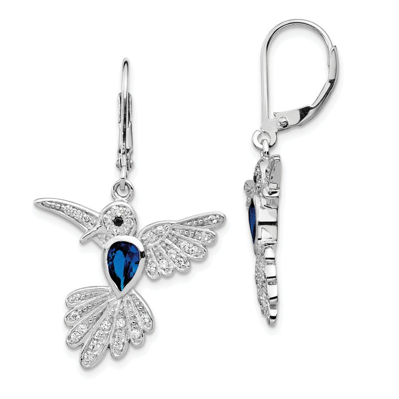Sterling Silver Rhodium-plated Brilliant-cut Lab Created Dark Blue Spinel and Brilliant-cut White CZ Hummingbird Leverback Dangle Earrings