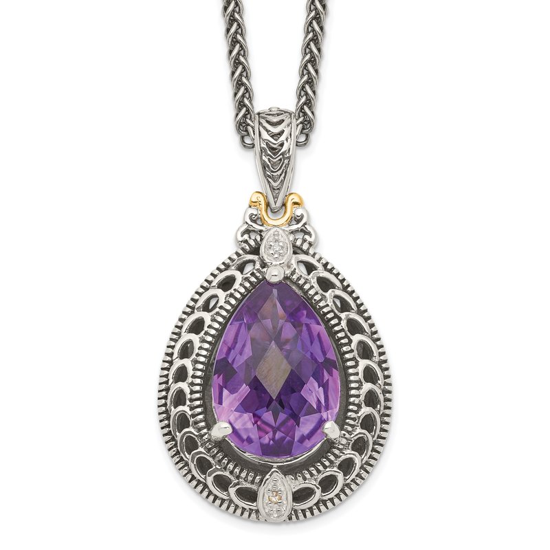 Sterling Silver with 14K Accent 18 Inch Antiqued Diamond and Pear Shaped Amethyst Necklace