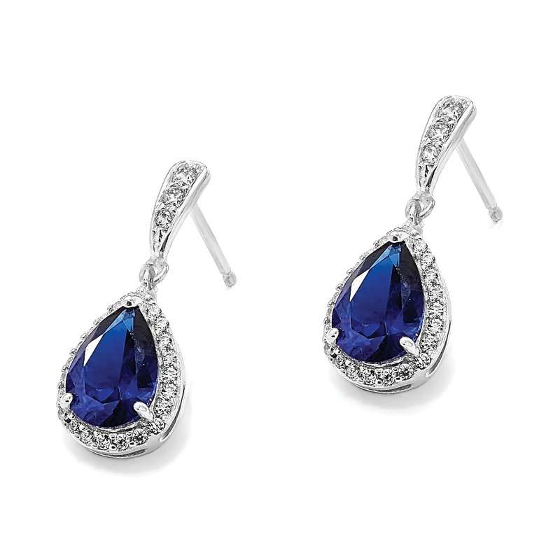 Sterling Silver Rhodium-plated Brilliant-cut Lab Created Dark Blue Spinel and Brilliant-cut White CZ Teardrop Post Dangle Earrings