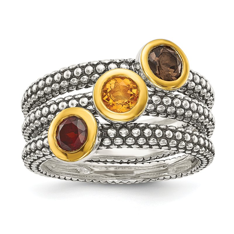 Sterling Silver Gold-tone Flash Gold-plated Antiqued Round Bezel .30Garnet/.20Citrine/.20Smoky Quartz 3 Stackable Rings