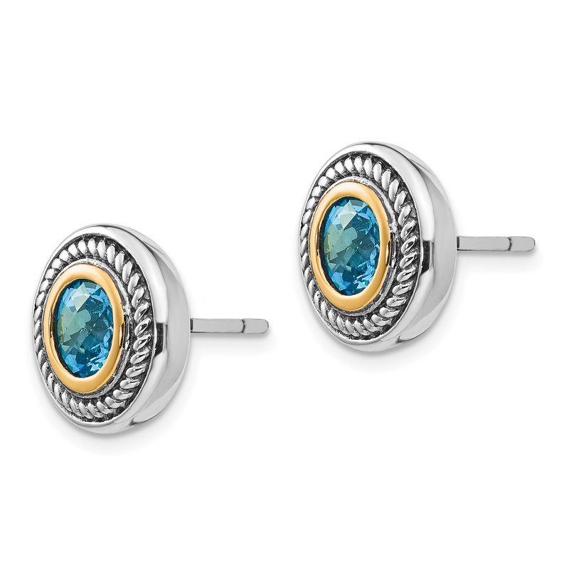 Sterling Silver with 14K Accent Antiqued Round Blue Topaz Post Earrings