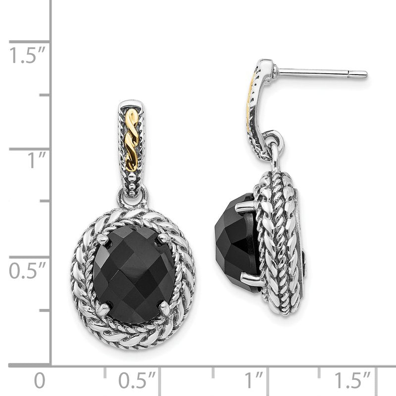 Sterling Silver with 14K Accent Antiqued Checkerboard-cut Black Onyx Post Dangle Earrings