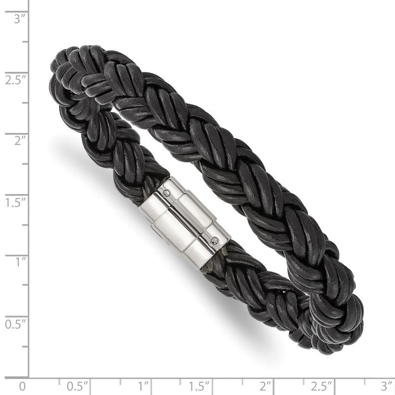 Stainless Steel Polished Twisted Black Braided Leather 8.5 inch Bracelet