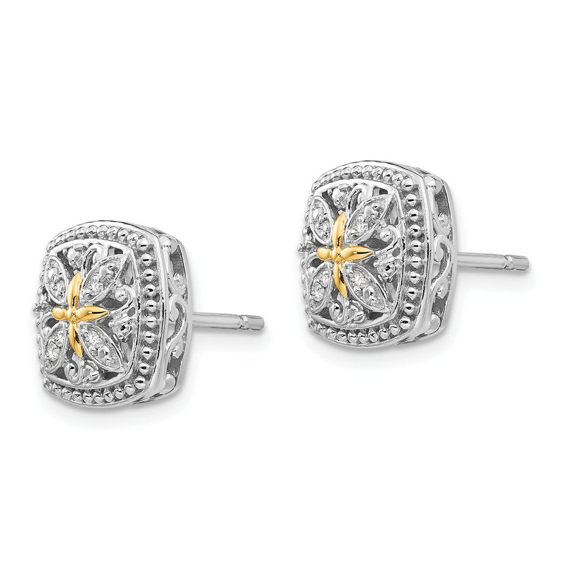Sterling Silver Rhodium-plated with 14K Accent Diamond Vintage Post Earrings