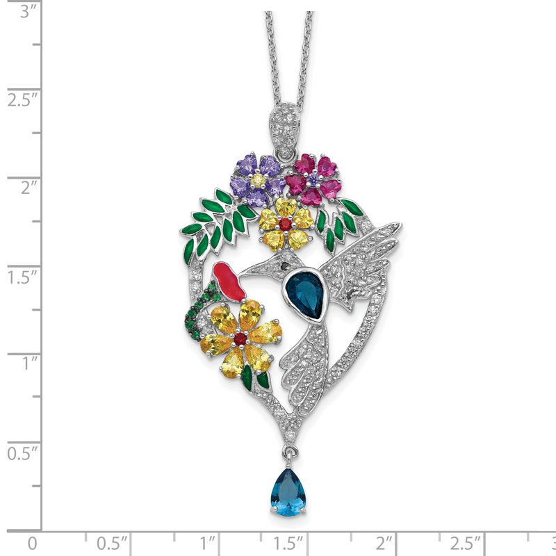Sterling Silver Rhodium-plated Enameled Multicolor Brilliant-cut Glass and CZ Floral Hummingbird 18 Inch Necklace