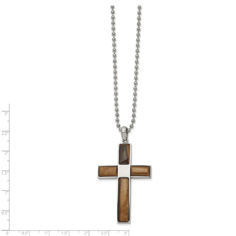 Stainless Steel Polished with Tiger's Eye Cross Pendant on a 22 inch Ball Chain Necklace