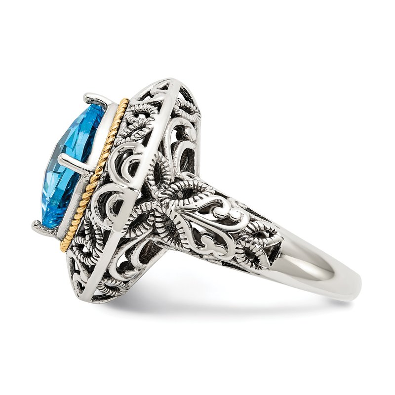 Sterling Silver with 14K Accent Antiqued Cushion Blue Topaz Ring