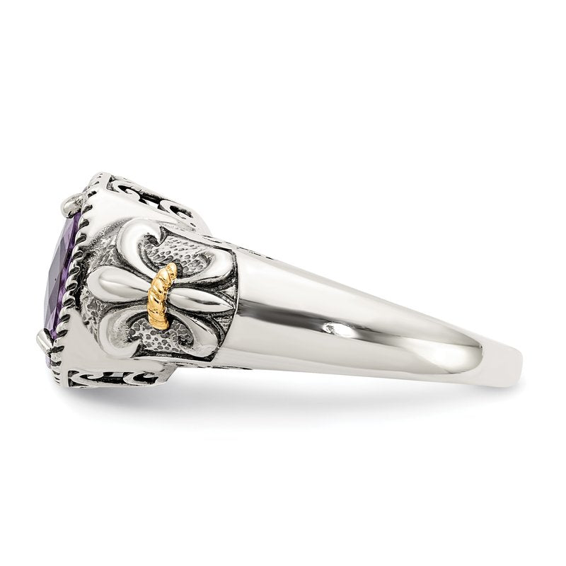 Sterling Silver with 14K Accent Antiqued Cushion Amethyst Ring