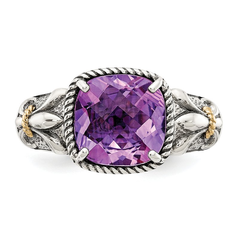 Sterling Silver with 14K Accent Antiqued Cushion Amethyst Ring