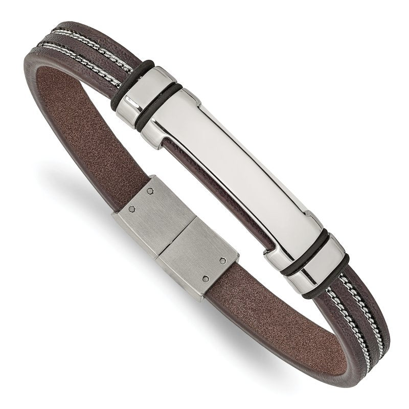 Stainless Steel Polished Brown Leather with Black Rubber 8.25 inch ID Bracelet