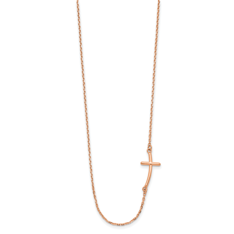 14k Rose Gold Polished Small Sideways Curved Cross 19 inch Necklace