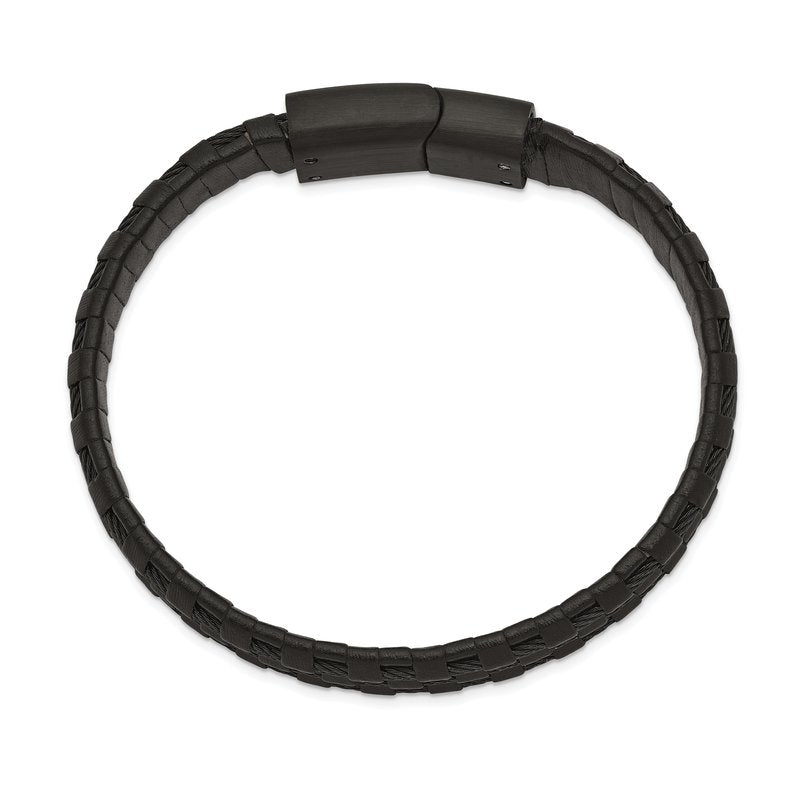 Stainless Steel Brushed and Polished Black IP-plated Wire Cable and Black Leather 8.25 inch Bracelet