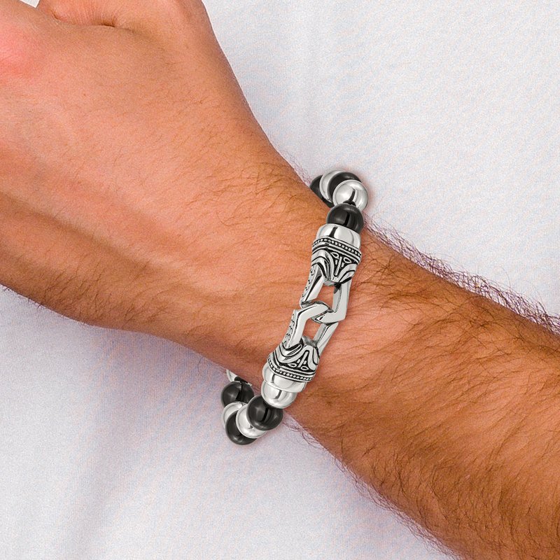 Stainless Steel Antiqued and Polished 10mm Black Agate Beaded Stretch Bracelet